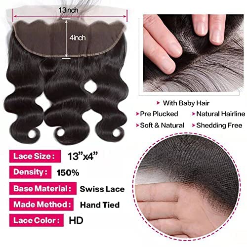 13 x 4 Lace Frontal Closure Body Wave Transparent Lace Frontals With Bangs Baby Hair Knots Can Be Bleached 100% Virgin Remy Human Hair 150% Density Natural Color
