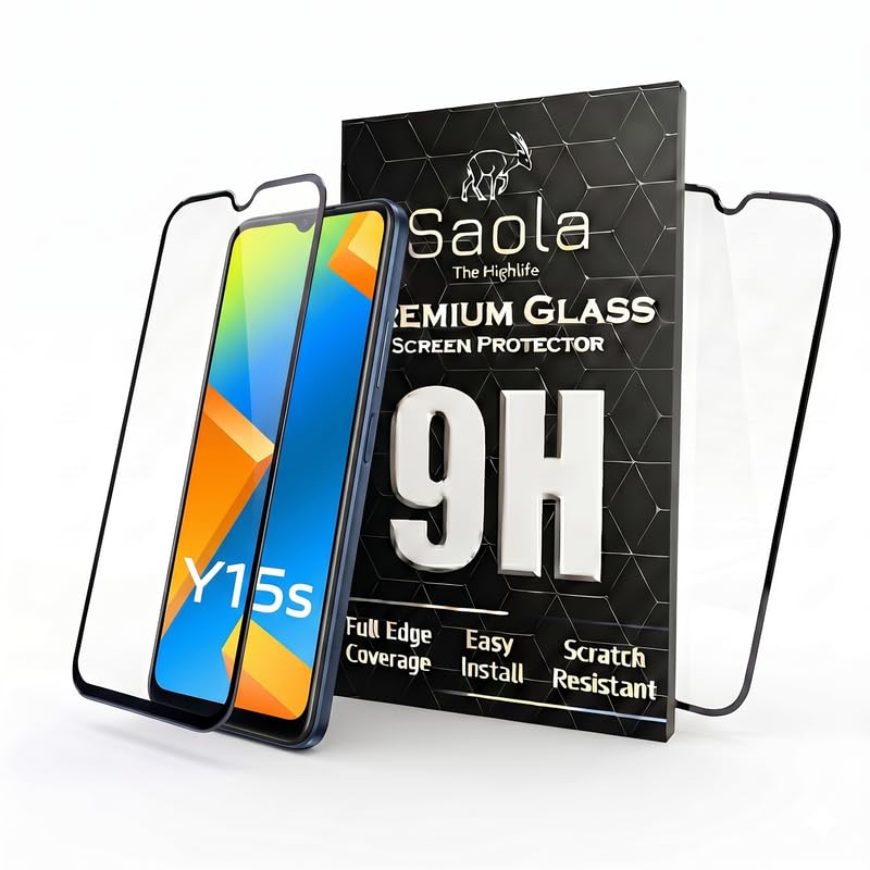 Image of Saola Hd+ Oleophobic Tempered Glass Screen Protector For Vivo Y15S Smartphone(Pack Of 2) With Free Installation Kit. Full Screen Coverage - 6.51 Inch