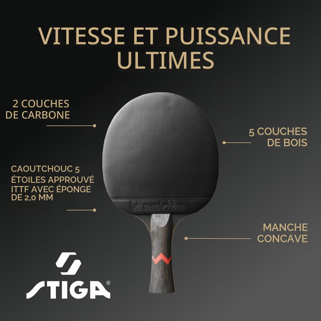 STIGA Raquette de Ping Pong Royal Carbon 5 Star - Raquette de Tennis de Table 5 Étoiles, Bois 5+2 Plis avec Fibre de Carbone, Revêtement ITTF, Technologie Touch Carbon, Manche Concave