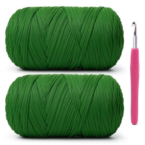 Image of 2 Pack Soft Tshirt Crochet Yarn, 800g /228yds High Elastic Hand Knitting Yarns, Thick T Shirt Yarn for Crocheting Bags, Baskets, Cushions, DIY Crafts(2 Grass Green)