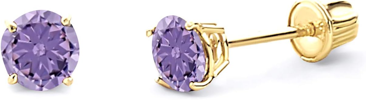 14k REAL Yellow Gold 4mm Round Birststone Color Solitaire Basket Set Stud Earrings with Screw Back