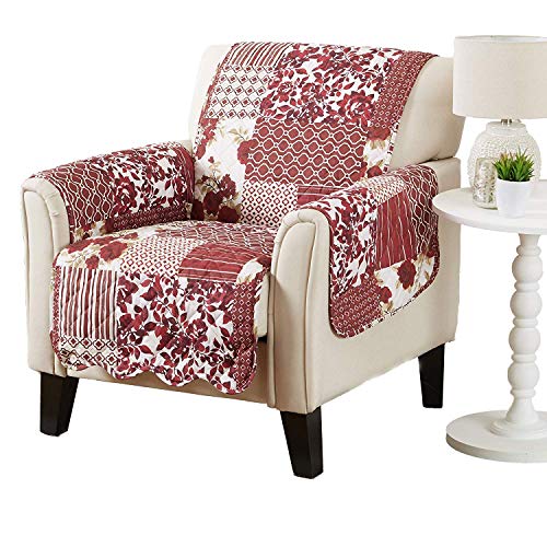 Image of Great Bay Home Reversible Patchwork Chair Cover - Washable Slipcover Furniture Protector with Elastic Straps - Perfect for Kids & Pets - Box-Stitched Detail (Burgundy)