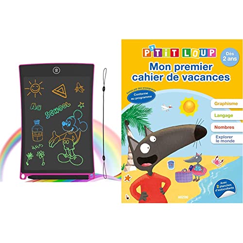 GUYUCOM Tablette Dessin Enfant 8,5 Pouces Ecriture LCD et Tablette Magique Enfant pour Les Enfants avec Une Ligne Colorée et Plus Lumineuse (Rose) & Mon Premier Cahier de Vacances P'tit Loup Cover