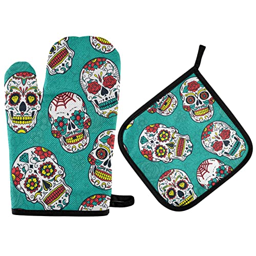 Oven Mitts Set Sugar Skull Pot Holders Day of The Dead Mexican Kitchen Oven Glove Baking Mitts 2PCS Cooking Stove Gloves Potholders Heat Pads for Grilling BBQ