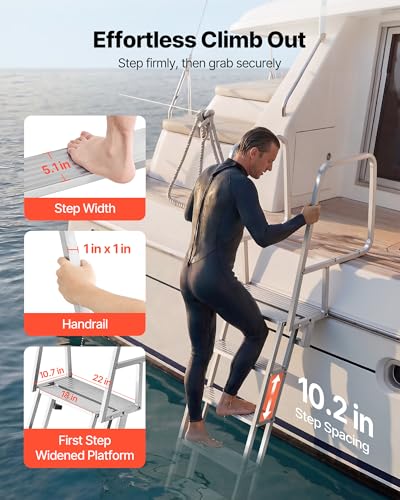Image of VEVOR Flip-Up Dock Ladder, 5-Step, Heavy-Duty Aluminum Alloy Pontoon Boat Swim Ladder, with Non-Slip Wide Steps, 350 lbs Weight Capacity, Pull Rope Assist, Comfort Use for Lake Pool Marine Boarding