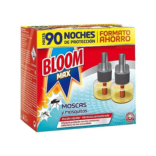 Bloom Max Eléctrico Líquido Recambio Doble (pack de 2), insecticida para mosquitos común y tigre, antimosquitos 90 noches de protección