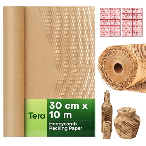 Tera Papel de panal de abeja, material de embalaje, rollo de 30 cm x 10 m, papel de embalaje: 80 g/m² con 20 pegatinas 