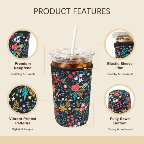 Image of Insulated Neoprene Cup Sleeve for Iced Coffee & Cold Soda - Reusable & Sweatproof, Keeps Drinks Cold Longer, Coffee Coolie for Hot & Iced Drinks (Little Floral, Large: 32oz)