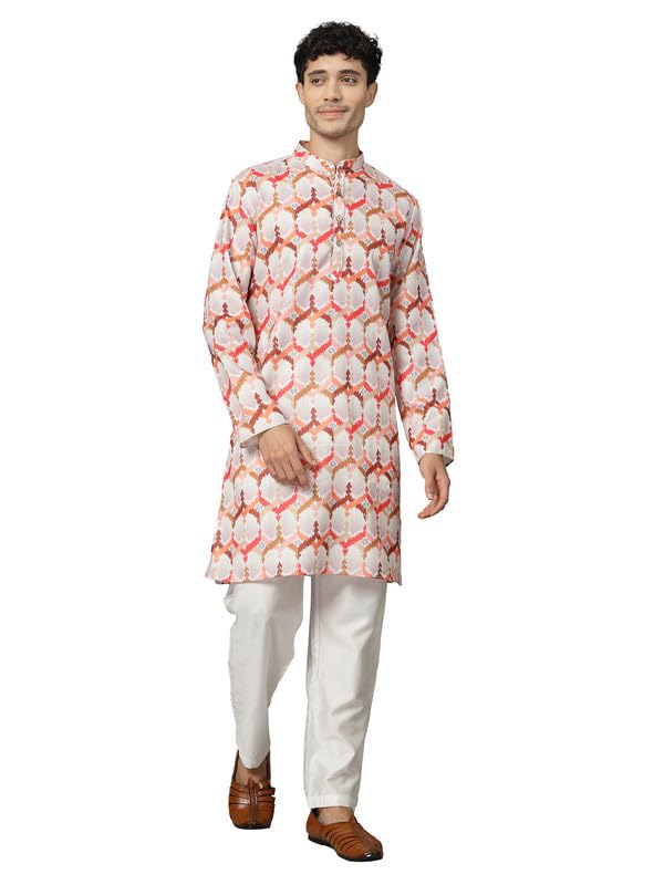 Image of Vastraa Fusion Men's Printed Kurta Pure Cotton Long Kurta, Round Collar, Full Sleeves, Button Kurta, Ethnic Wear