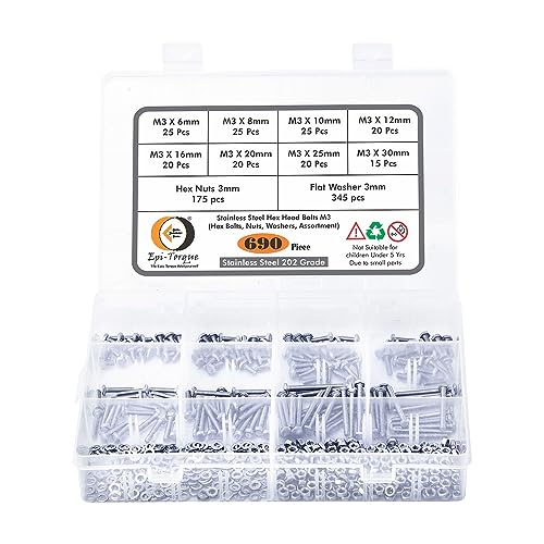 Image of Metric M3 Stainless Alloy Steel 202 Grade Full Threaded Hex Bolts Nuts and Washer Assortment Kit Set with Storage Box Pack of 690 Pcs