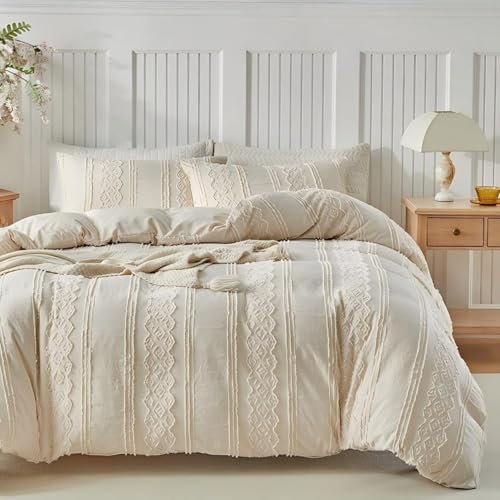 Tospass Bettwäsche 155x220 Beige Stickerei Getuftet Boho Bettwäsche Set – Ansicht 1