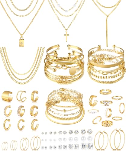 Image of 17 MILE 66 Pieces Gold Jewelry Set for Women, 9 Necklace, 22 Earrings, 23 Knuckle Rings Gold Plated Jewerly set Women Gift