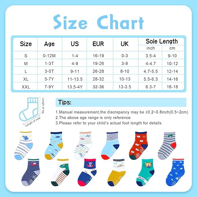 12 Paar Anti-Rutsch-Socken mit Griffen, lustige Kindersocken, Knöchel, Kleinkind, Jungen, Mädchen, Baby-Socken für Alter 1–7 Jahre