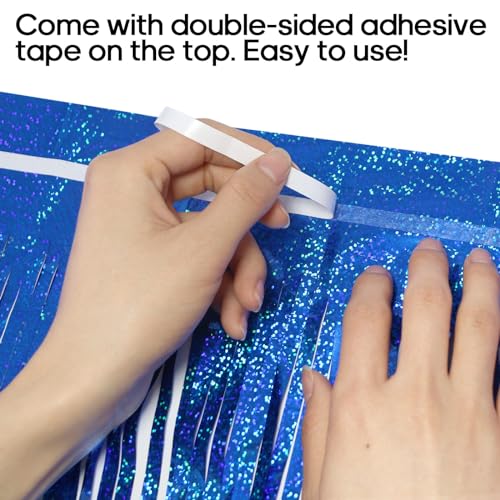 Image of 2 Pack Fringe Curtains Backdrops, Foil Fringe Curtains, Door Streamers for Birthday Wedding Bridal Shower Holiday Graduation Party Decorations, Photo Booth Backdrops, Glitter Blue