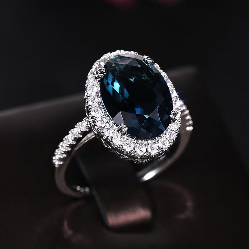 Women’s Oval Peacock Blue Zircon Ring, 14k White Gold Princess Cut Solitaire CZ Wedding Engagement Rings Set Crown Simulated 4 Carat Round Cut Cubic Zirconia CZ Ring for Women Statement Size 92