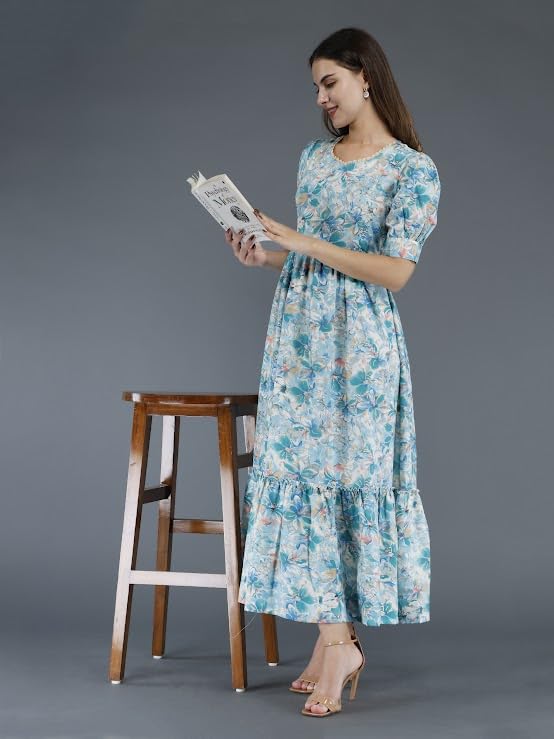 Image of Womens Rayon Fabric Printed Long Anarkali Maternity Feeding Dress with Side Zippers