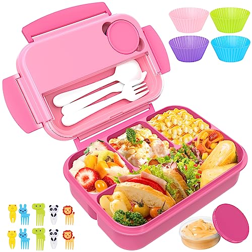 Bento Box, Lunch Box Kids, Bento Lunch Box for Kids/Toddler/Adults, 1300ML-4 Compartment Bento Box Adult Lunch Box w/Food Picks Cake Cups, Built-in Utensil Set, Leak-Proof, Food-Safe Materials(Pink)