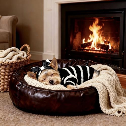 Image of Small Dog Sweater with Zipper, Knitted Striped Pullover Dog Clothes for Cold Weather, Thick Warm Cozy Stretchy Sweater for Chihuahua, Bulldog, Dachshund, Pug(Black & White Strip, S)