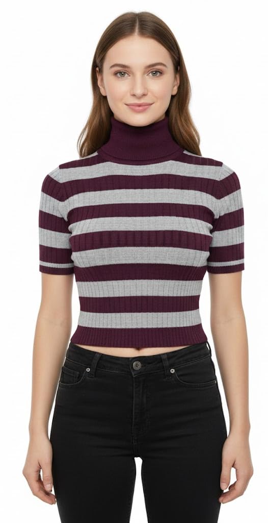Women's Striped Cropped Turtleneck Sweater, Burgundy and Gray, Ribbed Knit, Short Sleeve, Fitted Style-picture-45