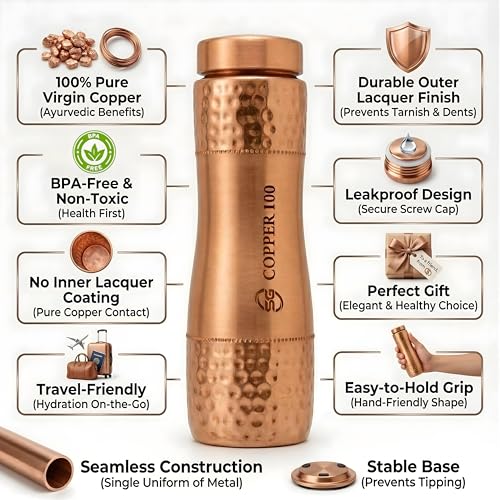 Image of VIRGIN Foodgrade 99.9% Pure Copper Water Bottle- Leakproof, Joint Free, No Lead, BPA-Free - Ayurvedic Health Benefits- Made in India- Contemporary Modern Hammered Glossy Finish (1L)
