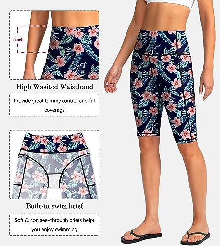 Image of SANTINY Women's High Waisted Swim Shorts with Pockets UPF50+ Long Board Swimming Shorts for Women with Liner