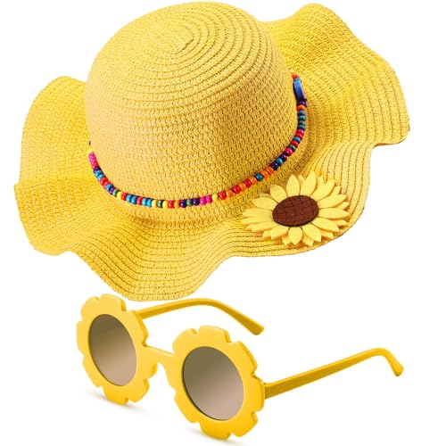 EKKONG Strohhut Mädchen Strohhut Kinder Mädchen Sonnenbrille Kinder Sonnenhut Kinder Sommerhut Mädchen mit Runde Blume Brille für Strände Urlaub Reisen Picknicks (Gelb)