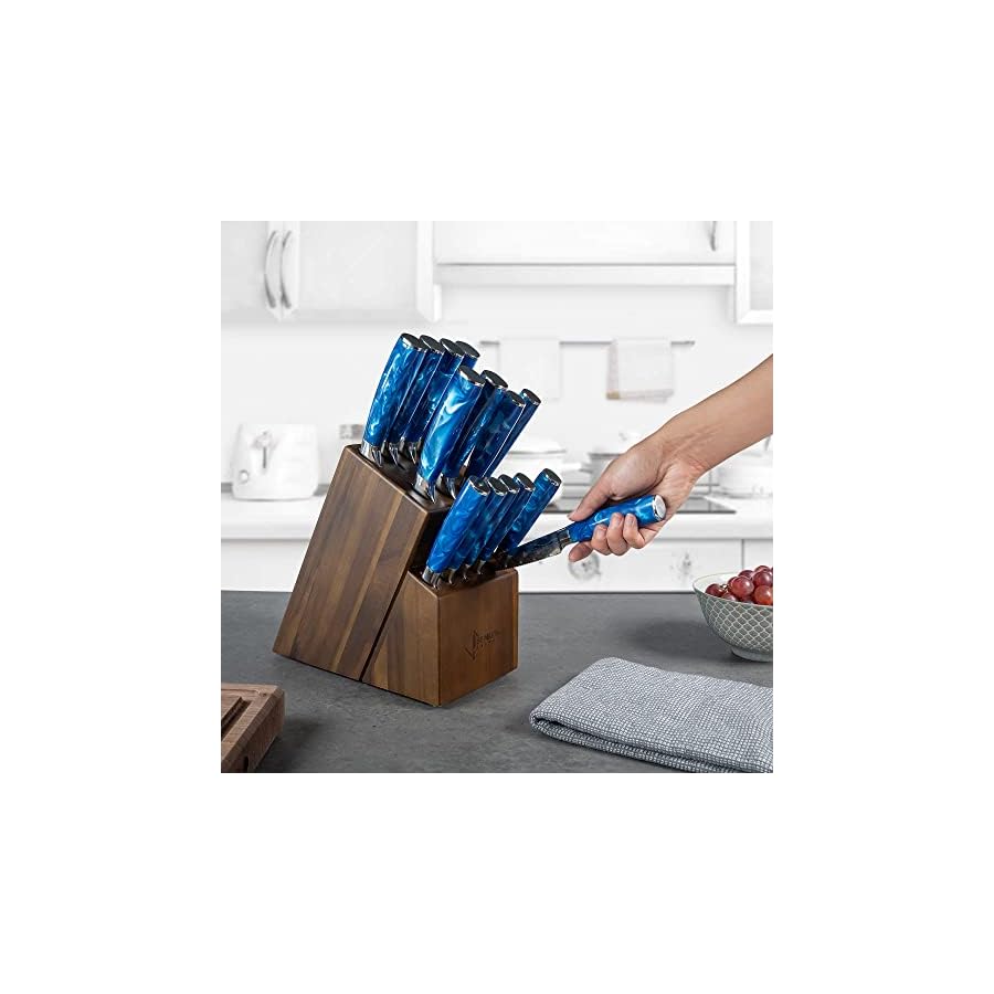 SENKEN 16-Piece Kitchen Knife Block Set - Japanese Chef's Knife Set with Laser Damascus Pattern, Includes 6 Steak Knives and Smoothly-Finished Acacia Hardwood Knife Block (Blue Resin Handles)