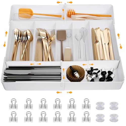 HOTOOLME Range-couverts extensible pour tiroirs 27-50cm de large Range-couverts cuisine Blanc Organisateur de avec séparateur réglable Inserts de cuisine pour tiroirs, armoire