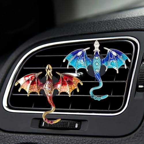 Image of 2 Pcs Bling Dragon Car Air Freshener Vent Clips, Crystal Rhinestone and Enamel Dragon Air Vent Clips Car Diffuser Cute Car Interior Decoration Accessories for Women Gift (Blue Red)