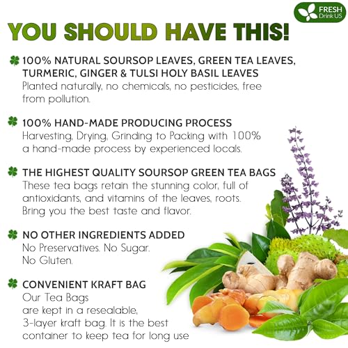 Image of FreshDrinkUS, Premium 40 Tea Bags Soursop Green Tea, 100% Natural & Proprietary Blend from Soursop Leaves and Green Tea. Smooth Flavor. Made with Eco-Conscious Tea Bags. No Additives No Sugar, Vegan.