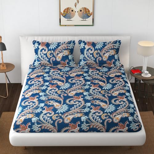 Image of Premium Heavy Cotton Elastic Fitted Bedsheets with 2 King Size Pillow Covers || Double Bed with All Around Elastic 350 TC || 72 x 78 x 10 Inch King Size Fitted || - Blue Jaipuri