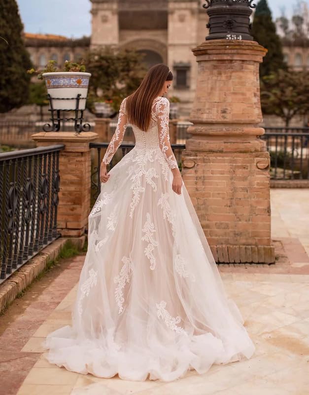 Brautkleid A-Linie Lang Spitze Standesamt Hochzeitskleid mit Ärmel Prinzessin Brautkleider Hochzeitskleider