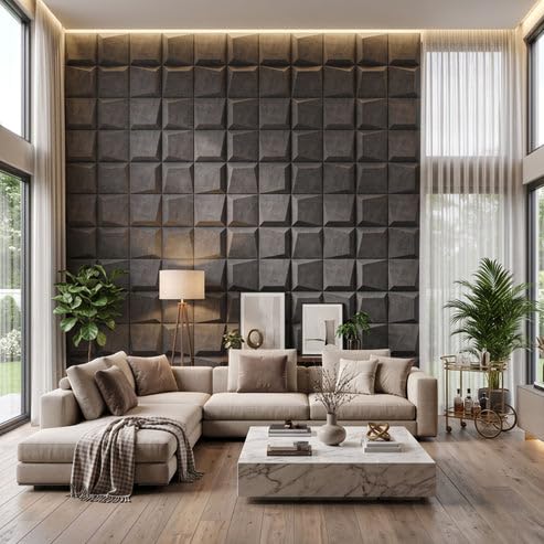Image of Kayra Decor 3D PVC Wall Panels for Bedroom & Living Room | Cube Design | Nexa Gray Color | 19.7 x 19.7 Inch | Pack of 12 | 32.28 Sq Ft