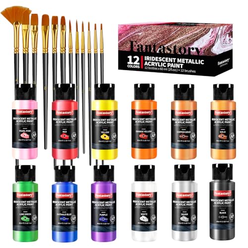 fantastory Metallic Iridescent Acrylic Paint Set with 12 Brushes 12 x 2oz Metallic Colors Color-Shifting Craft Paint Kit Metal/Canvas/Rock/Stone/Ceramic/Model/Wood Painting [Balanced Series].