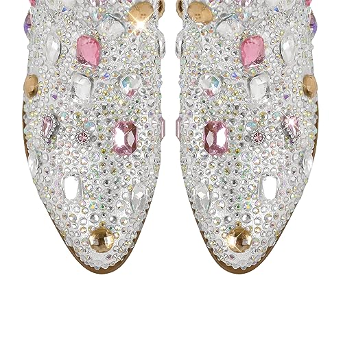 Image of Richealnana Sparkly Rhinestones Cowboy Cowgirl Style Boots Calf High Boots for Women 2INCH Heeled Shining Pull On Tabs