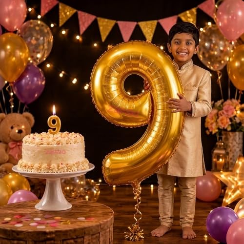 Image of Balloonistics Gold 40-Inch Foil Number 9 Balloon with Matching Number Candle - Combo Set for 9th Birthday, Anniversary, Party Decoration, Photo Booth Backdrop, Cake Table Decor