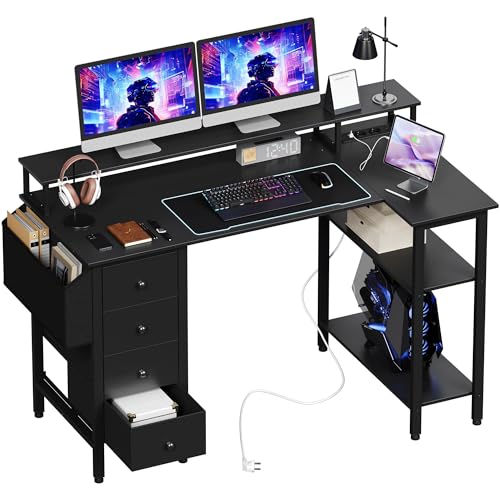 Yaheetech Escritorio L con 4 Cajones, 120x68cm Mesa Escritorio Gaming en L con Soporte para Monitor, 2 Enchufes y 2 Puertos USB, Escritorio Esquina Reversible Trabajo y Juegos, para Oficina, Negro