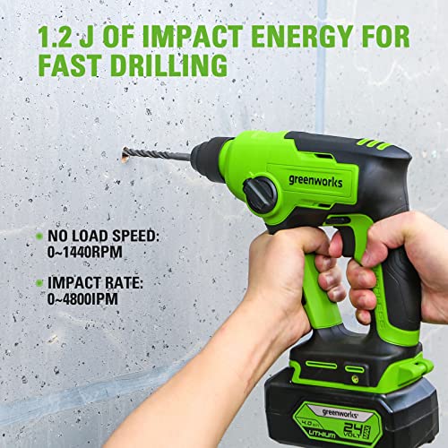 Greenworks 24V Brushless Rotary Hammer Drill Cordless SDS-Plus Heavy Duty 4-Mode Selector Anti-Vibration Handle Built-in LED Light Impact Energy 1.2 Joule Tool Only - Image 4