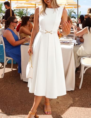 Image of ZESICA Women Summer Sleeveless Midi Dresses 2026 Elegant Boat Neck A Line Tie Waist Spring Cocktail Party Dress