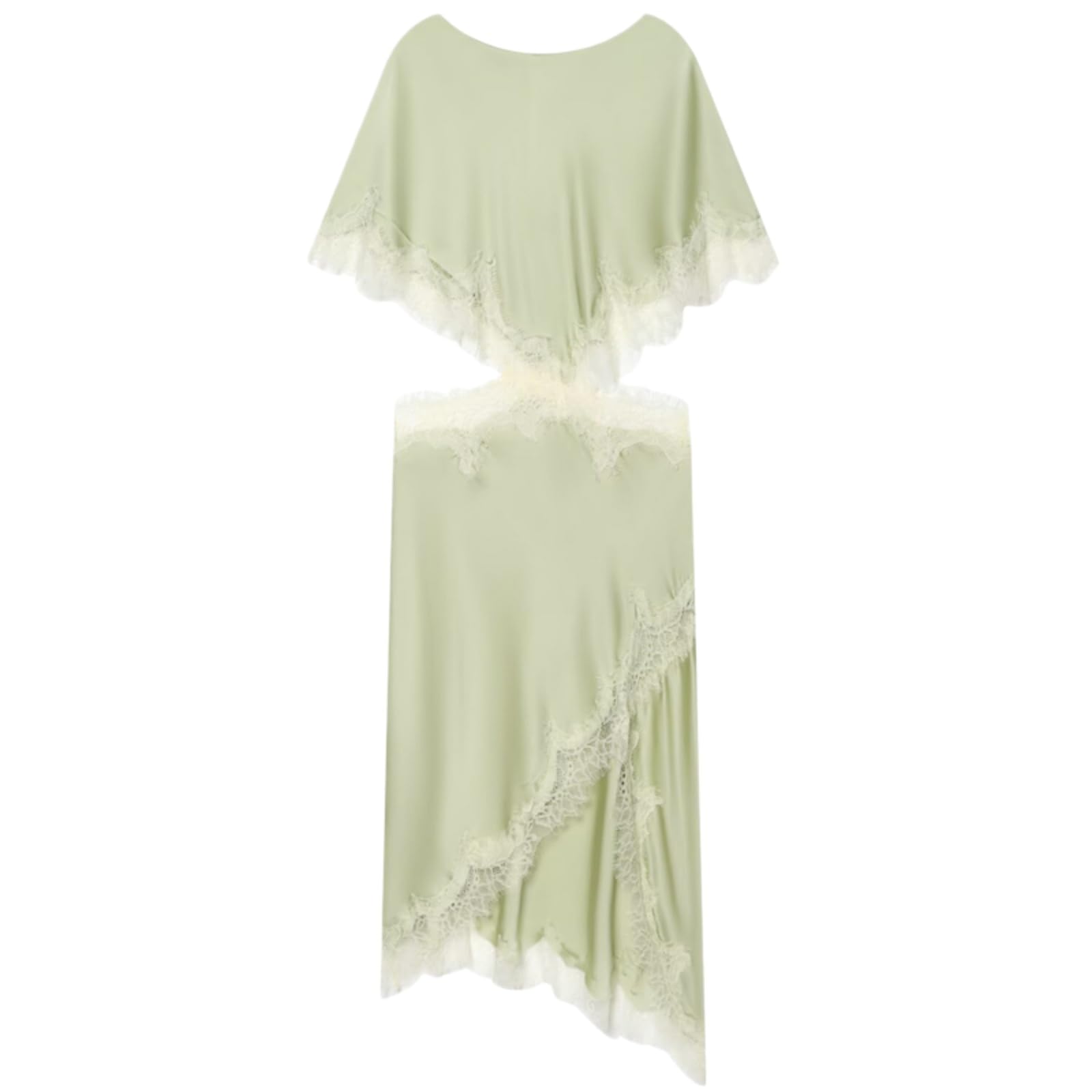Vestito Donna Estate Raso Pizzo Abito Asimmetrico Midi O Collo Batwing Manica Elegante Party Outfit-Light Green-XS