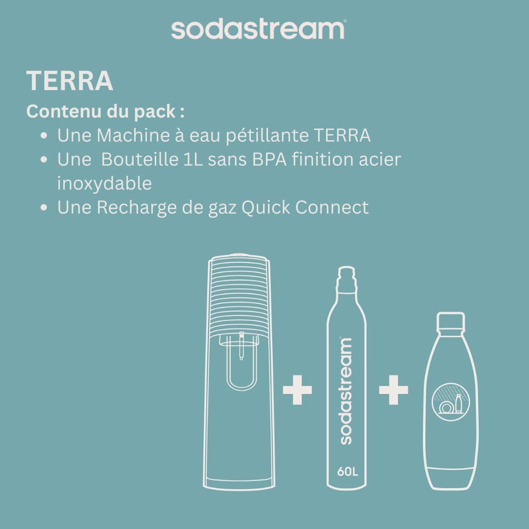 Sodastream Terra Machine à Eau Pétillante et Soda | Pack 1 Bouteille 1L Finition Acier Inoxydable Compatible Lave-Vaisselle + 1 Recharge de Gaz 60L à Clipser | Blanche