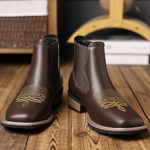 Men's Western Cowboy Boots Square Toe Durable Retro Classic Embroidered Pull On Boot Casual Work Chelsea Short Boots3