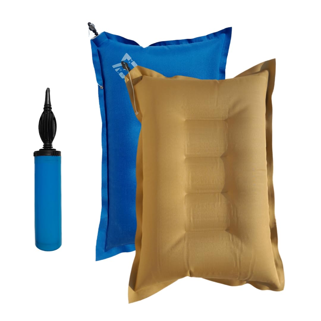 pm square inflatable soft portable khaki + colour air travel pillow with an air pump for travel in train, bus, camping, hostel and office