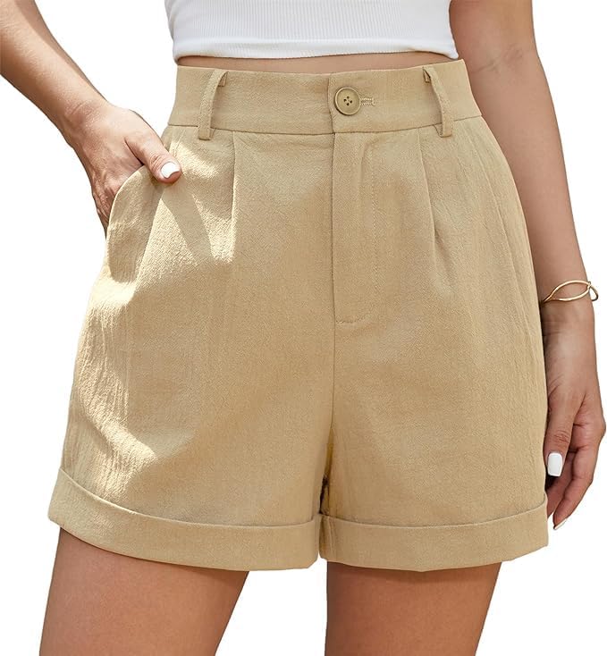 BEIGAI Women's Shorts Summer Linen High Waist Shorts with Pockets