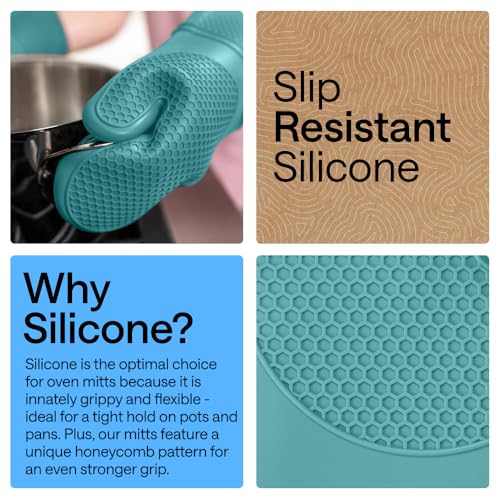Image of GORILLA GRIP BPA-Free Soft Silicone Oven Mitts, 14.5x8.3, Heat Resistant and Waterproof Cooking Gloves, Thick Cotton Lining, Flexible Gripping for Baking Grilling, Kitchen Potholders Set, Turquoise