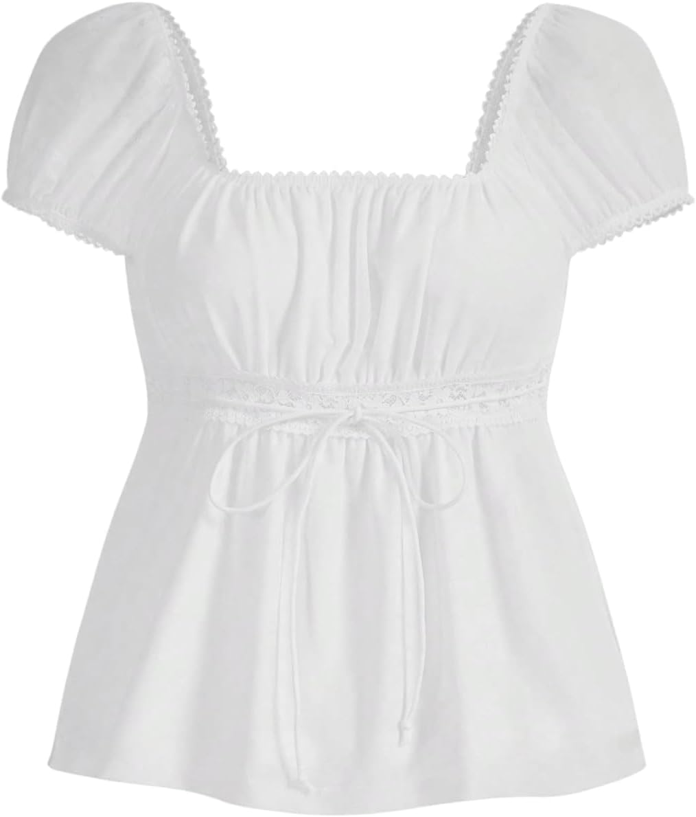SOLY HUX Women's Square Neck Short Sleeve Peplum Tops Tie Front Summer Teen Girls Babydoll Top T Shirt - Image 3
