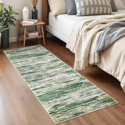 2x5 Green Grey Multi Modern Abstract Runner Rug for Hallway, Super Soft Hallway Decor Kitchen Rugs with Non-Slip, Non-Shedding Washable Rug for Hallways Entryway Bedroom Laundry Indoor