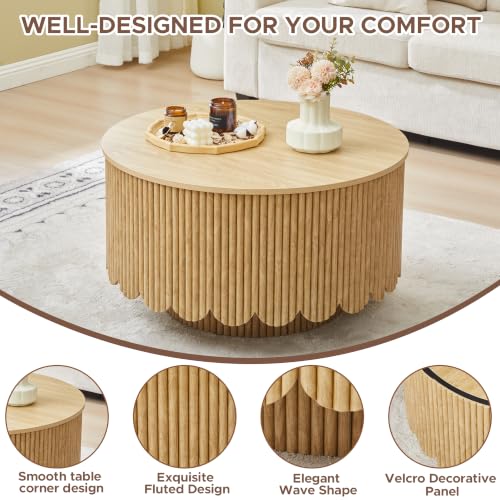 Image of Round Lift Top Coffee Table with Storage,Fluted Circle Coffee Table,Natural