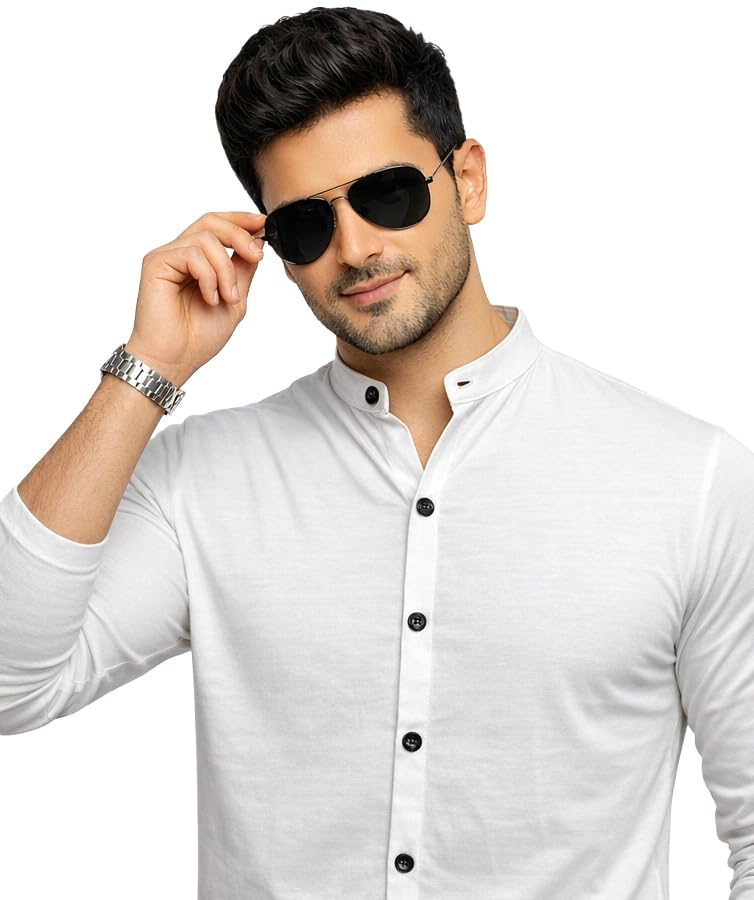 Image of Blisstone Men's Band Collar Shirt - Full Sleeve Slim Fit Casual Cotton Blend Mandarin Collar Button Down Shirt
