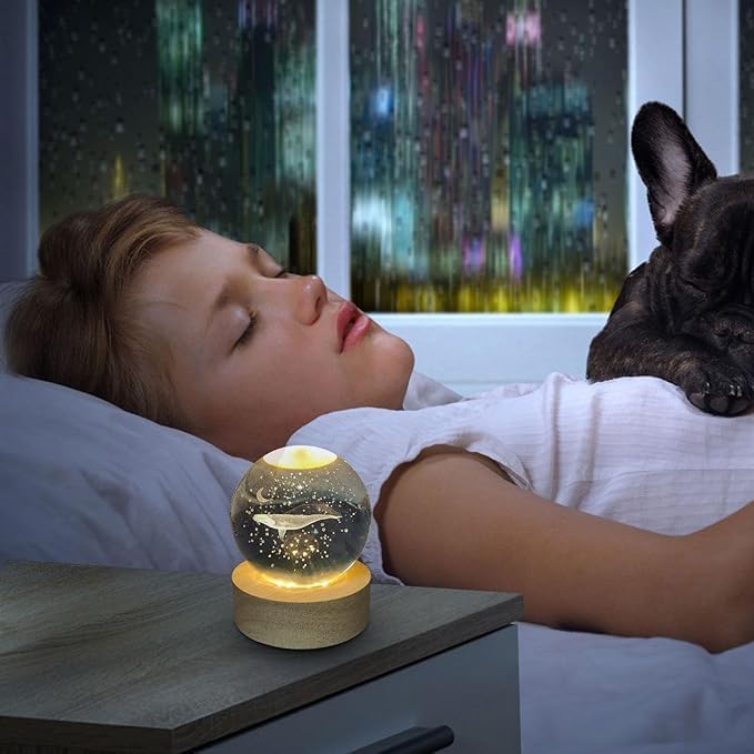 Image of COVACURE 3D Whale Crystal Ball Night Lamp, Crystal Ball Night Light with USB, LED Wooden Base Table Light for Bedroom Home Office Decoration Birthday Gift for Boys and Girls (3D Whale Lamp)